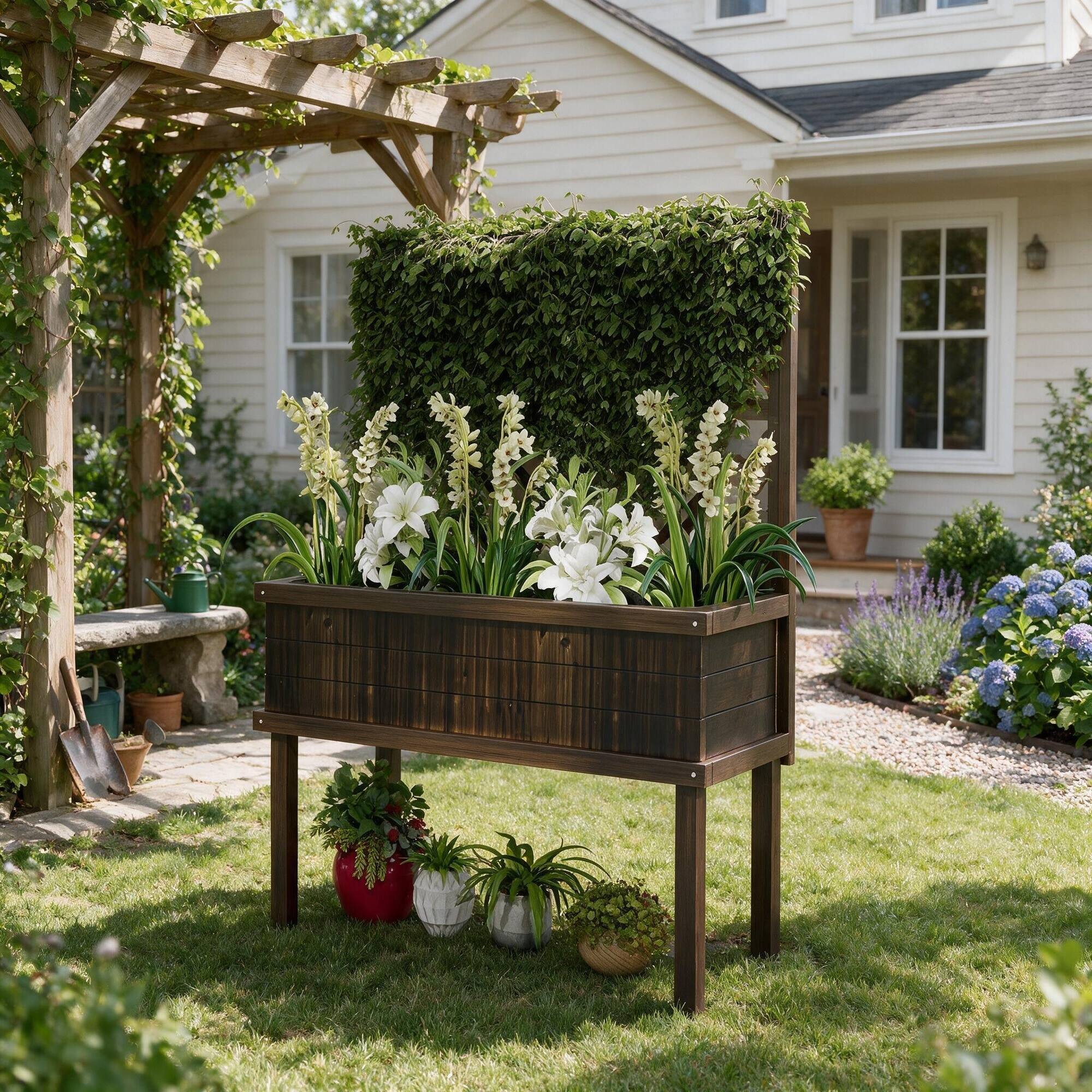 Alt View 1. RYHNUYNE - Outsunny Raised Garden Bed with Trellis for Climbing Plants, Carbonized Fir Wood Planter with Legs, Drainage Holes - Brown.