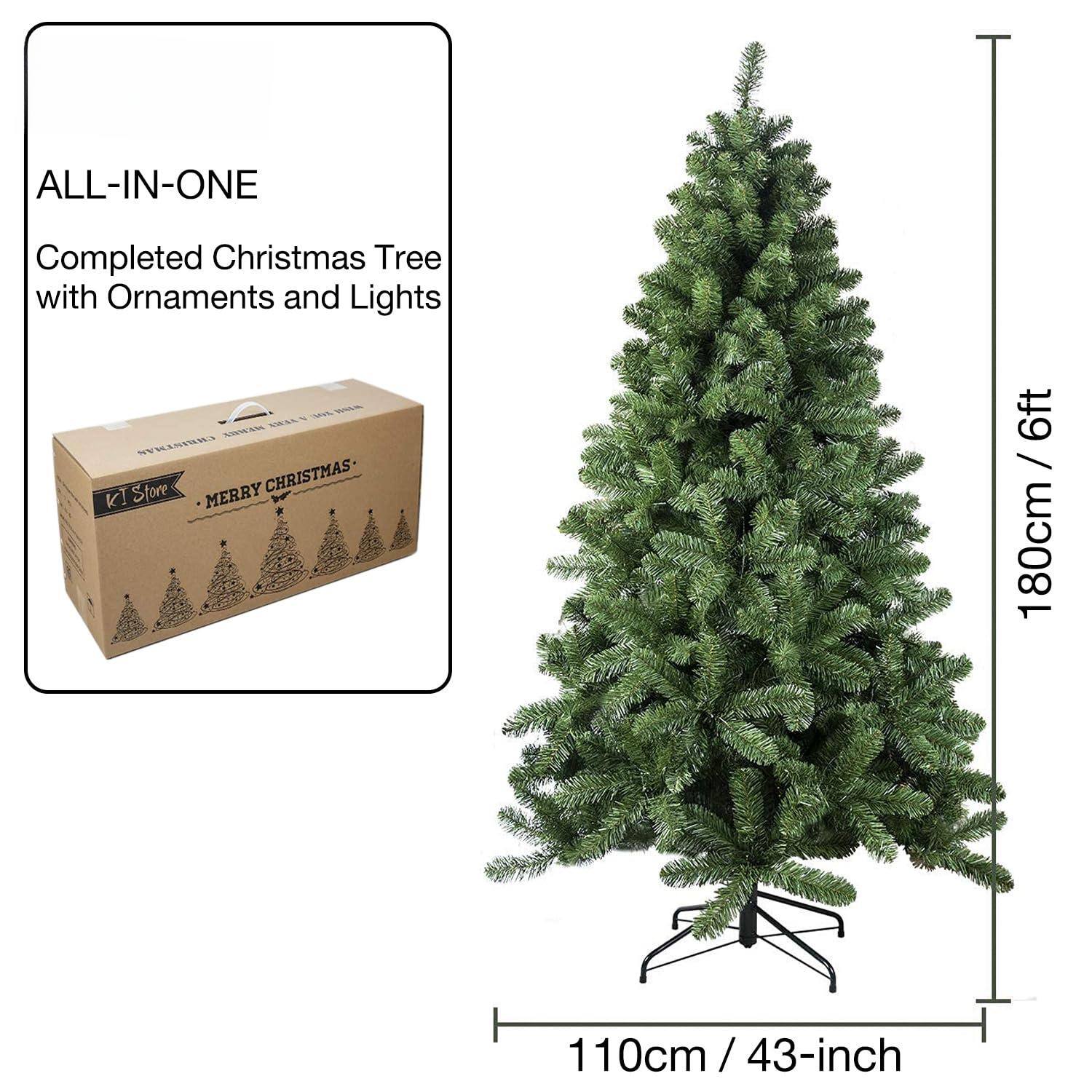 ALL-IN-ONE  
Completed Christmas Tree with Ornaments and Lights  

180 cm / 6ft  
110 cm / 43-inch  

MERRY CHRISTMAS  
KT Store