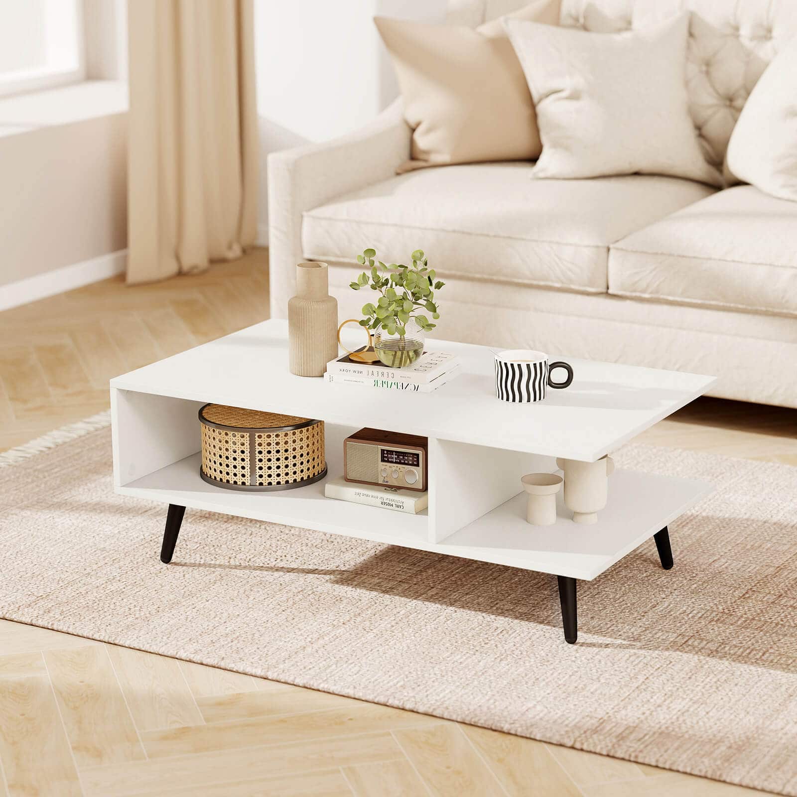 Costway - 2-Tier Coffee Table with Compartments & Metal Legs Rectangle Tea Cocktail Table - White & Black