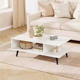 Costway - 2-Tier Coffee Table with Compartments & Metal Legs Rectangle Tea Cocktail Table - White & Black