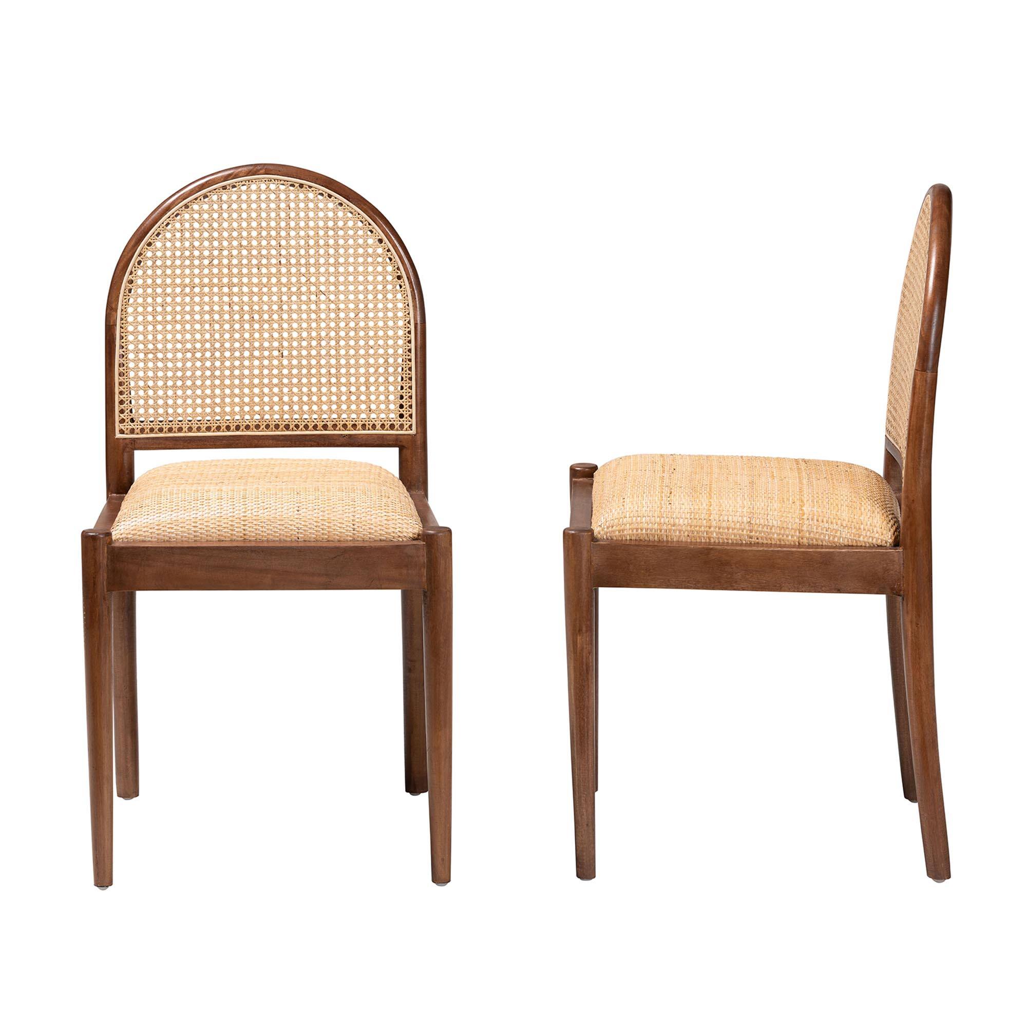 Left. bali & pari - Maryland Modern Bohemian Natural Rattan and Acacia Wood 2-Piece Dining Chair Set - Natural/Walnut Brown.