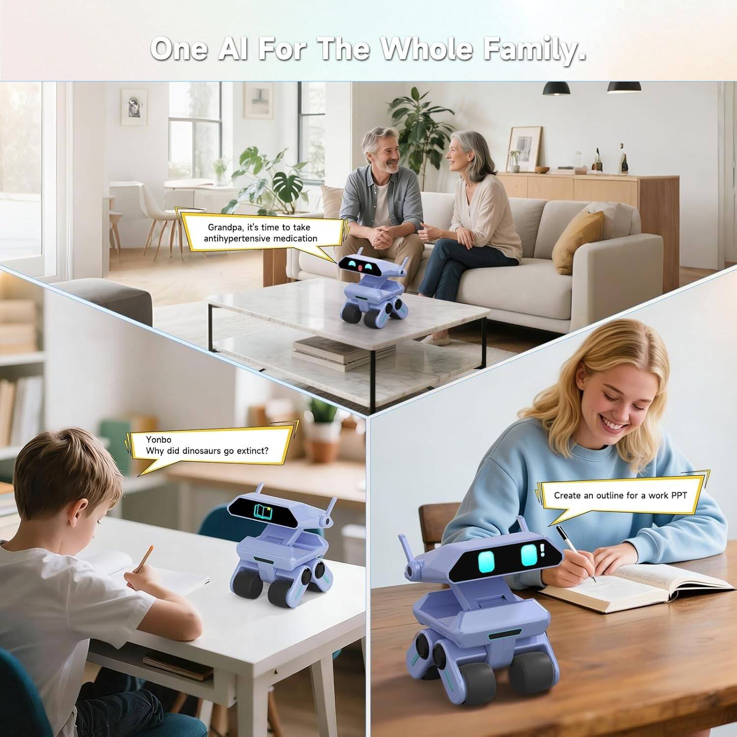 One AI For The Whole Family.

- Grandpa, it's time to take antihypertensive medication.
- Yonbo: Why did dinosaurs go extinct?
- Create an outline for a work PPT.