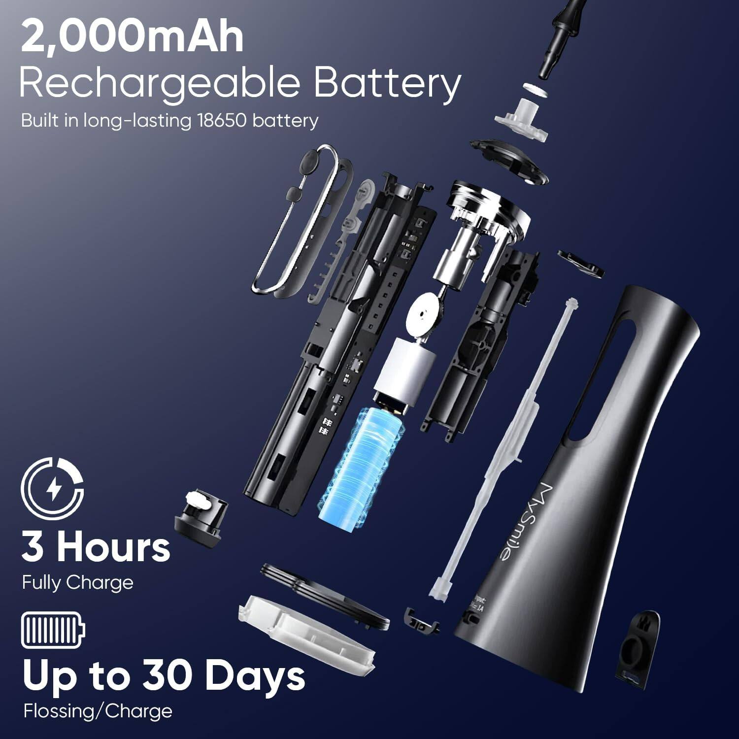 2,000mAh Rechargeable Battery Built in long-lasting 18650 battery

3 Hours Fully Charge

Up to 30 Days Flossing/Charge