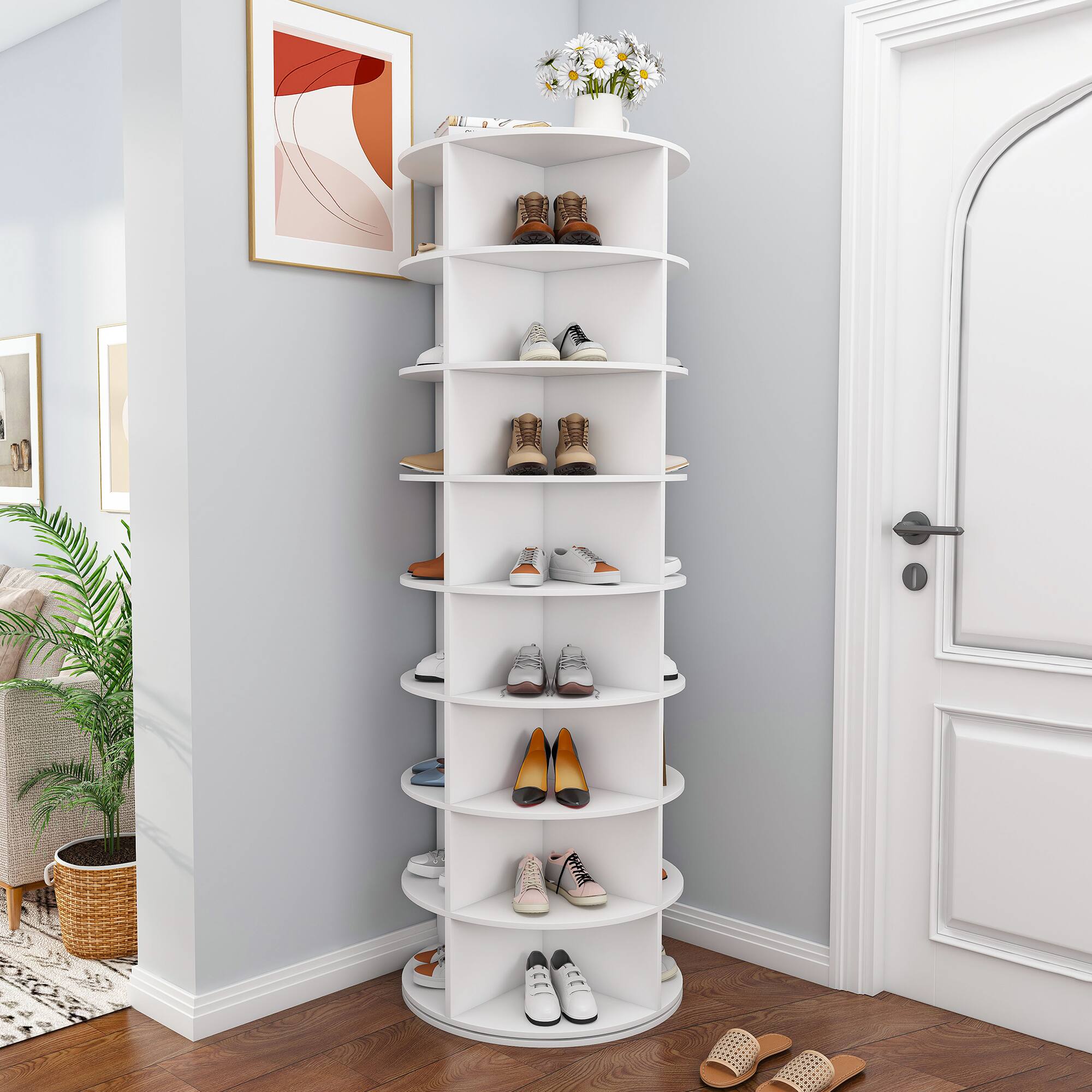 Angle. Z-Edge - Rotating Shoe Rack Tower, 8-Tier Spinning Storage Rack, 360° Revolving Shoe Organizer, Holds 32 Pairs of Shoes - White.