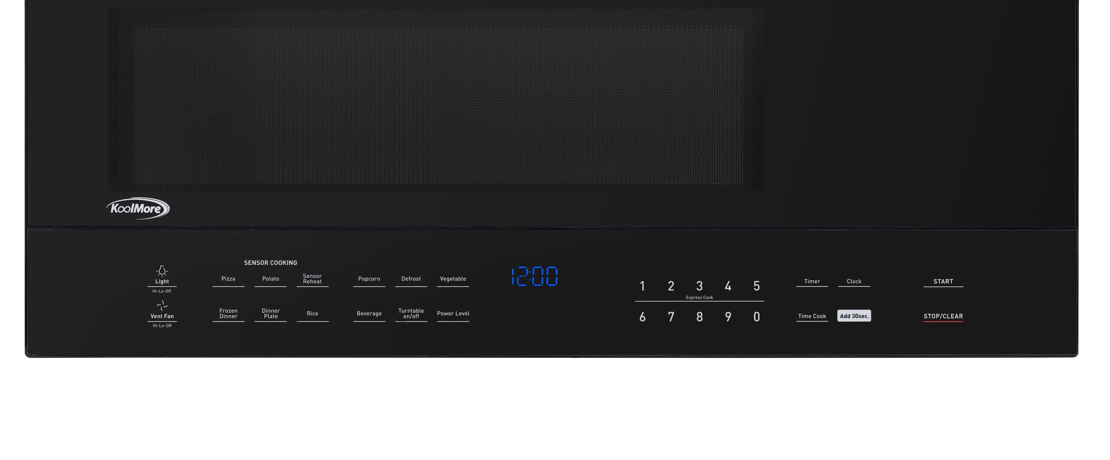 KoolMore Light 140 + Viewt Fan suO SENSOR COOKING Pizza Pelato Sensor Reheat Frozen Dinner Mice Doinrecrb Plate Procern Beverage Defrest Vegetable Turntable Power Level an/em 12:00 1 6 2 7 3 Express Cooa 8 4 9 5 0 Timer Time Caok Clock Add JOser START STOP/CLEAR