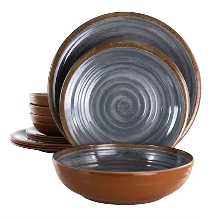 Front. Elama - Elama Stone Oak 12 Piece Lightweight Melamine Dinnerware Set in Black - Black.
