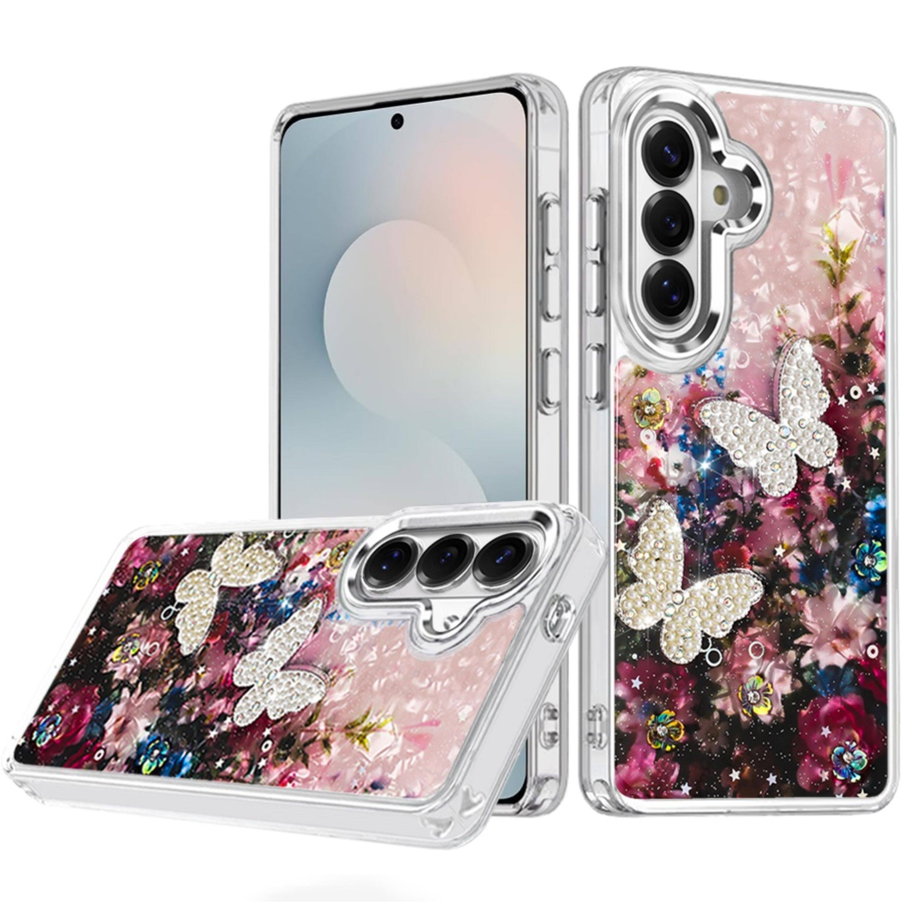 Left. Kitcheniva - Epoxy Glitter With 3D Beaded Butterflies Plus Tempered Glass For Samsung S25 FE 8 - Multicolor.