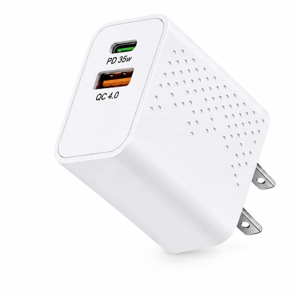 Qixxronics - 35W USB-C and USB-A Port Wall Charger, Type-C USB Wall Charger Fast Charging Power Adapter Cube - White