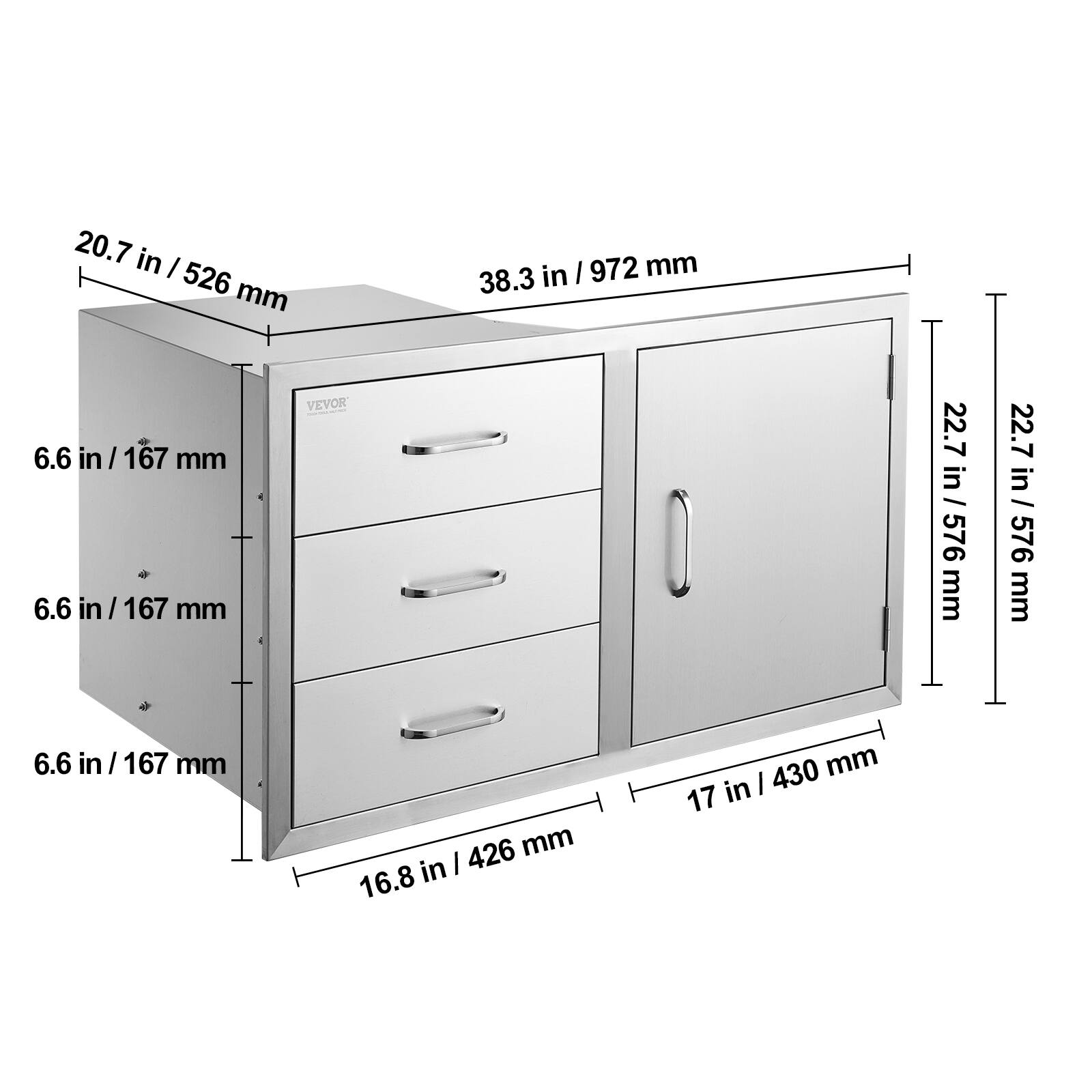 20.7 in / 526 mm  
38.3 in / 972 mm  
6.6 in / 167 mm  
6.6 in / 167 mm  
6.6 in / 167 mm  
16.8 in / 426 mm  
22.7 in / 576 mm  
22.7 in / 576 mm  
17 in / 430 mm