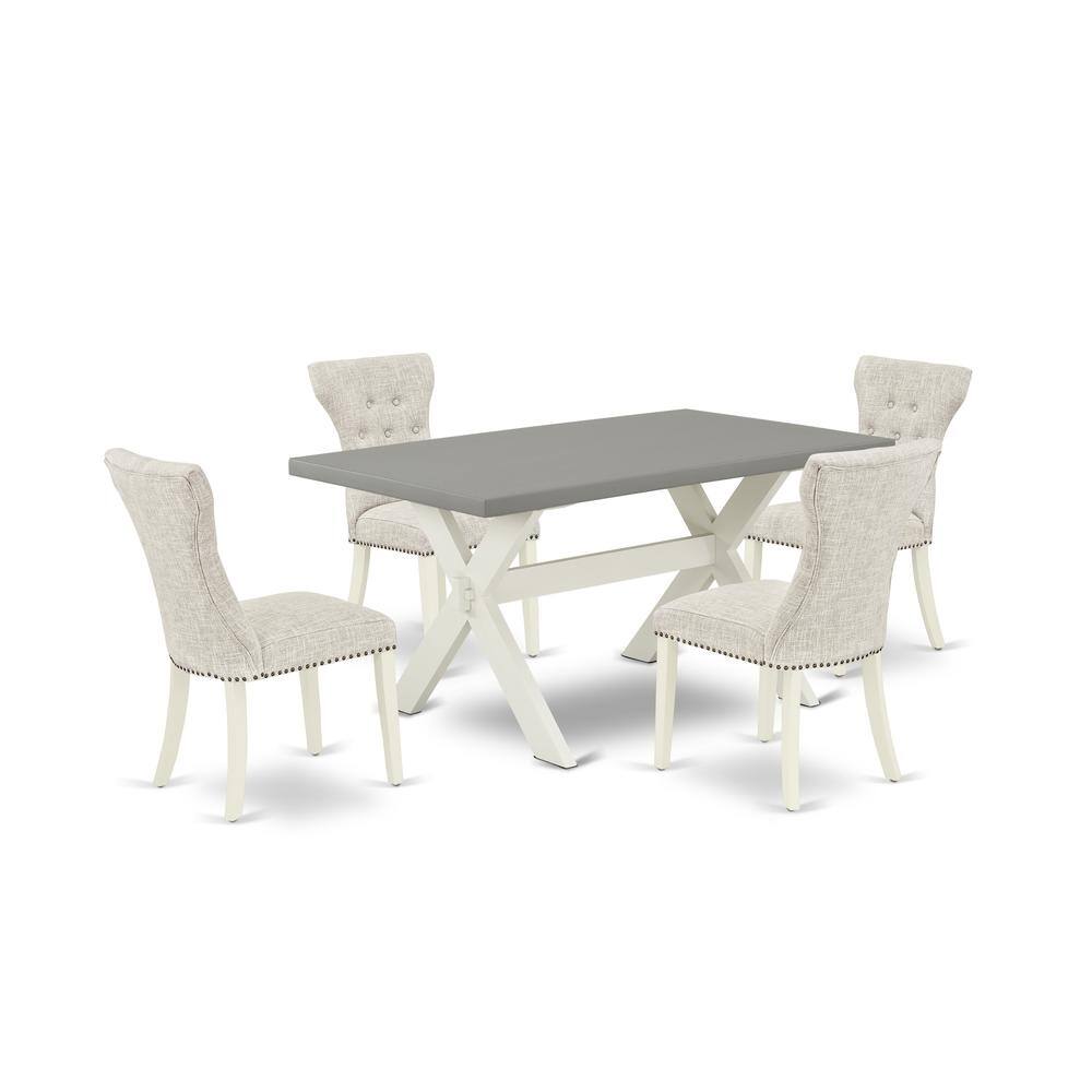 Left. East West Furniture - East West Furniture 5-Pc Dining Table Set- 4 Dining Padded Chairs with Doeskin Linen Fabric Seat and Button Tufted - Multi-Color.