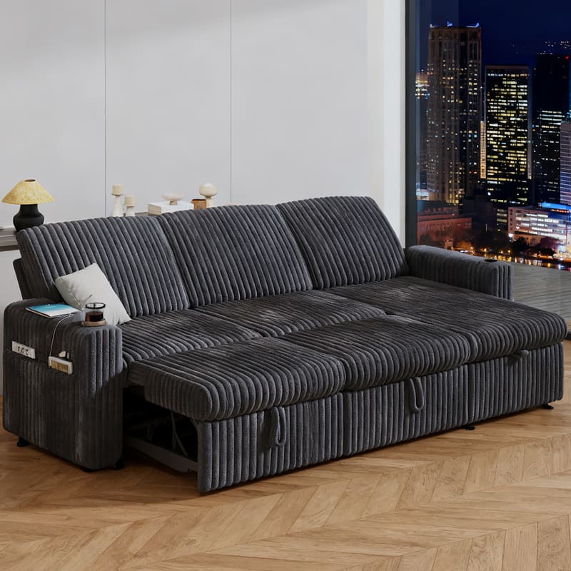 Vipbear - 101” L Shaped Sectional Sleeper Sofa Bed with Pull Out Bed, with Reversible Storage Chaise/USB Ports/Cup Holders - Dark Gray