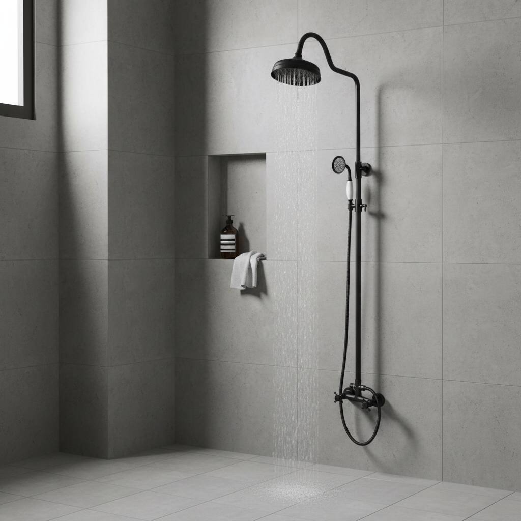 Alt View 1. Dazzed Corner - Matte Black Shower Kit with 8" Rainfall Head, Handheld Spray & Double Cross Knob - Matte Black.