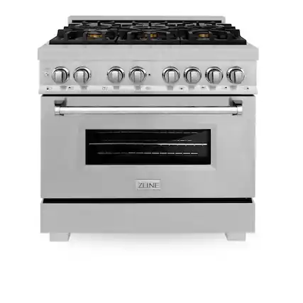 Front. ZLINE - 36 in. Wide 6 Burner 4.6 cu. ft. Legacy Dual Fuel Freestanding Range - Satin Stainless Steel.