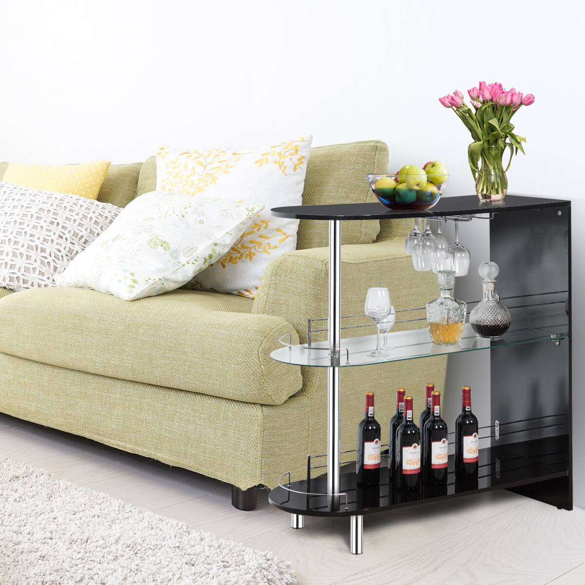 Alt View 5. Costway - Wine Rack Unit w/Tempered Glass Shelf & Glass Holders Glossy - Black.