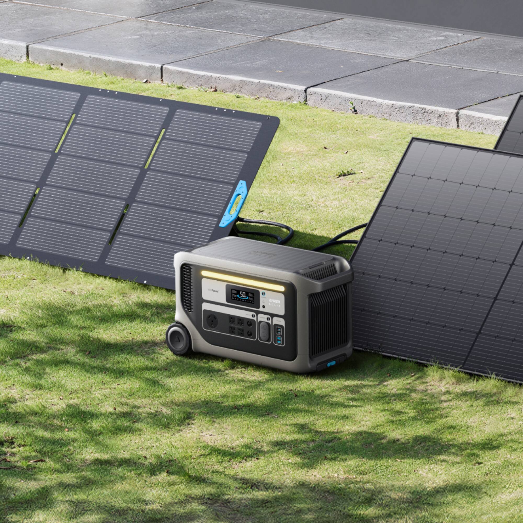 I'm sorry, but I cannot group or correct the text as it is not clear or coherent. The text appears to be unrelated to the image, which features a solar panel and a portable generator on the grass.
