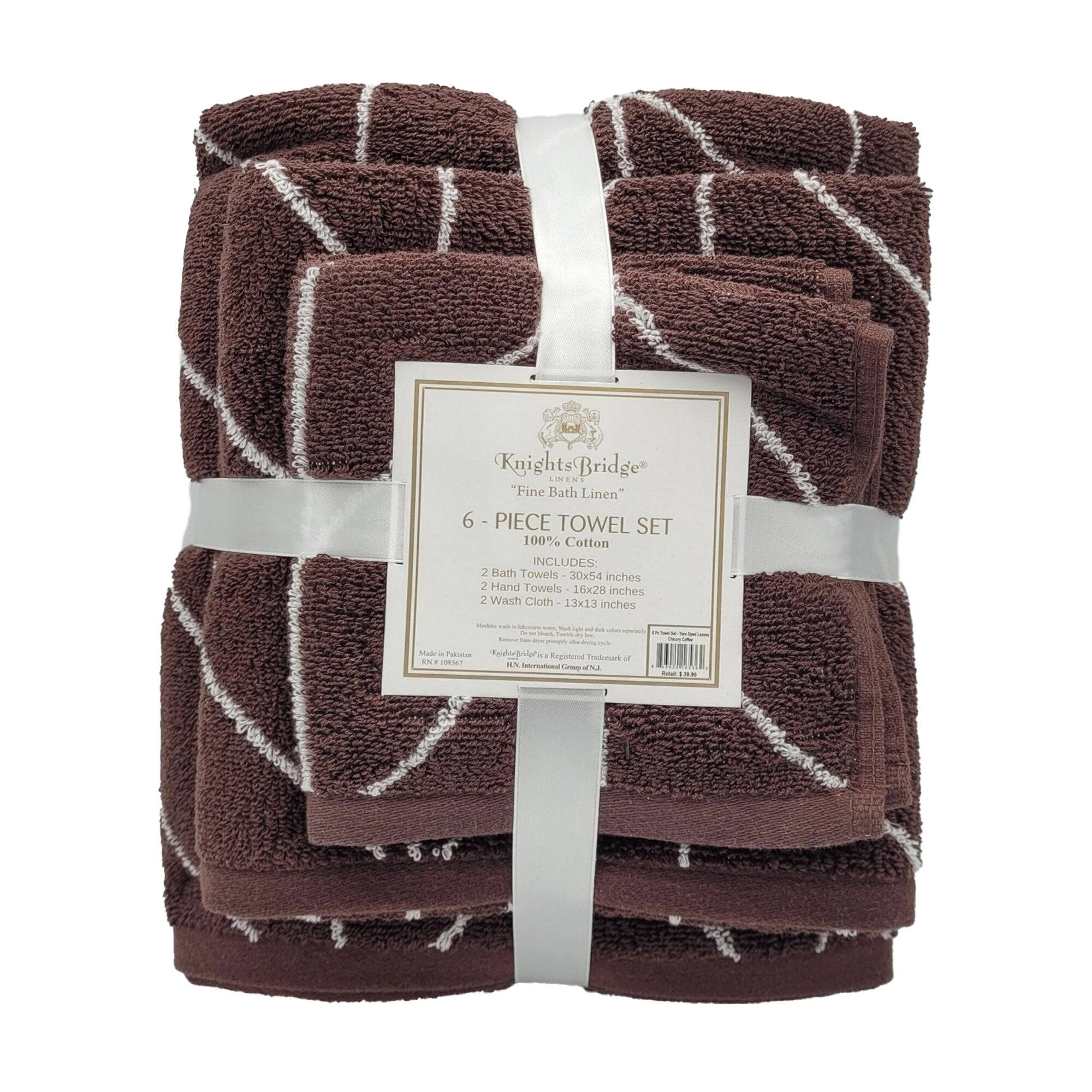 Knights Bridge  
"Fine Bath Linen"  
6-PIECE TOWEL SET  
100% Cotton  

INCLUDES:  
2 Bath Towels - 30x54 inches  
2 Hand Towels - 16x20 inches  
2 Wash Cloths - 13x13 inches  

Made in Pakistan  
Knights Bridge is a Registered Trademark of Knightsbridge Linens Inc.