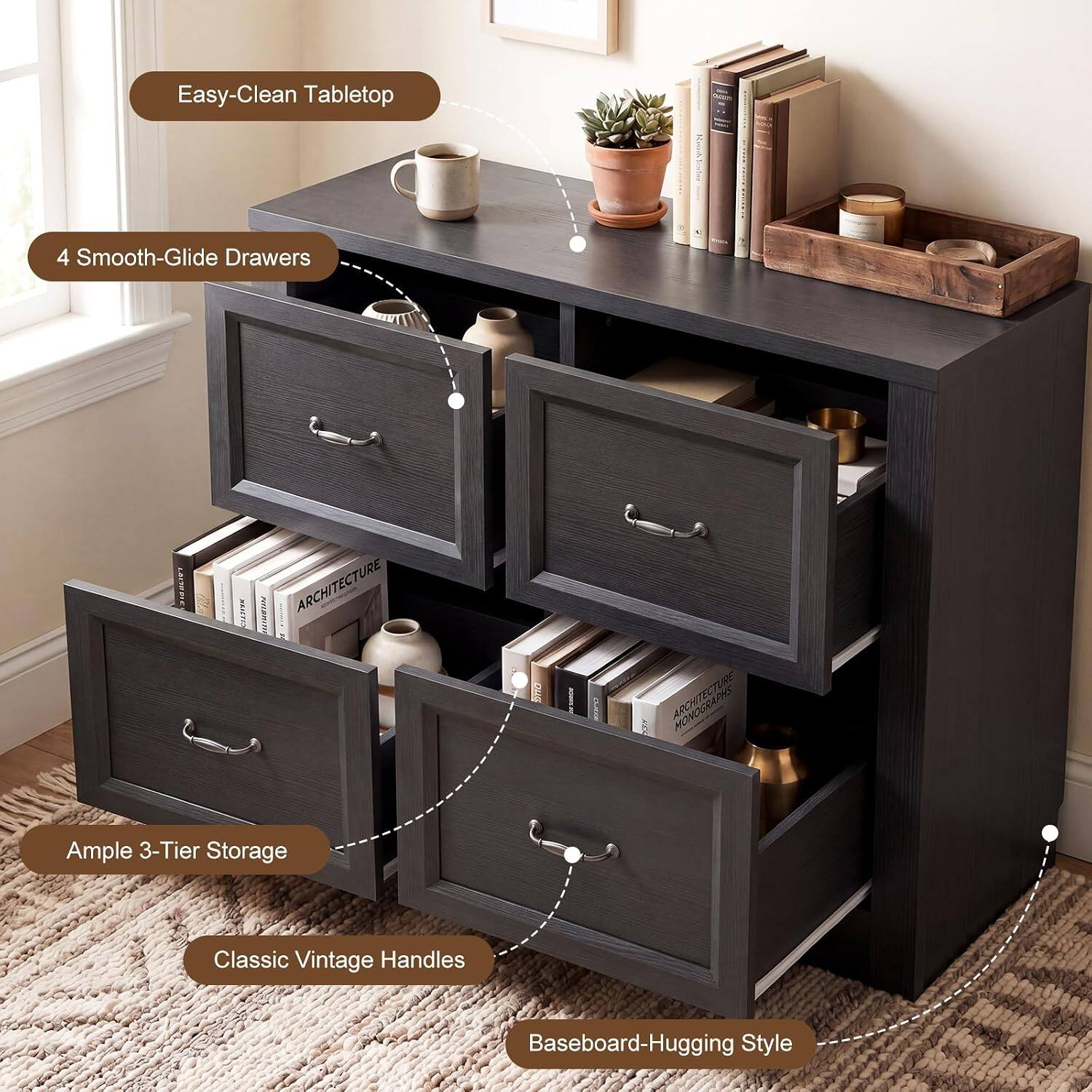 Easy-Clean Tabletop  
4 Smooth-Glide Drawers  
Ample 3-Tier Storage  
Classic Vintage Handles  
Baseboard-Hugging Style