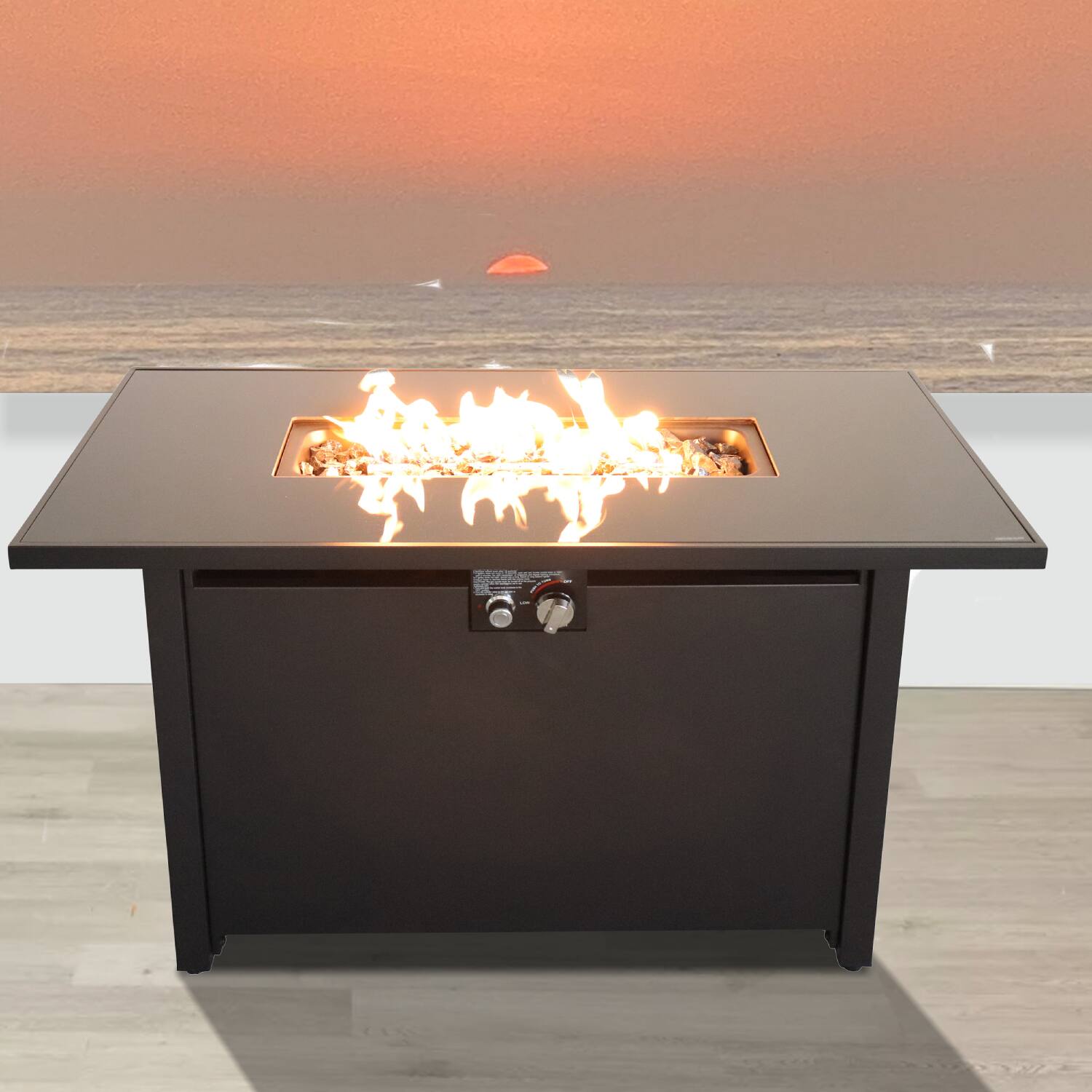 Angle. Spaco - 25 x 42" Steel Outdoor Fire Pit Table, 50,000 BTU, Propane/Natural Gas, Lava Rock - Black.