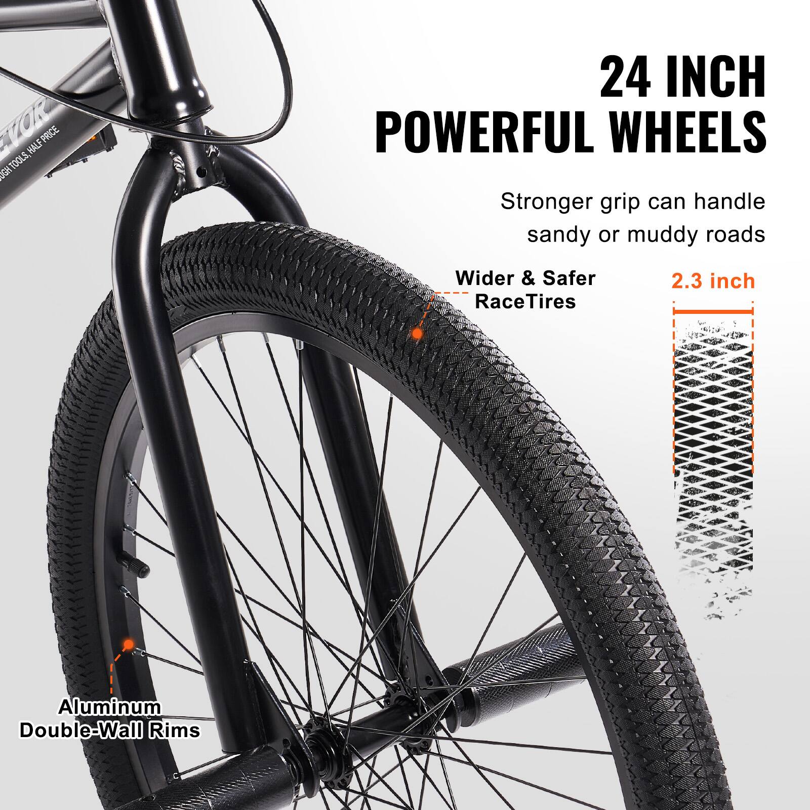 24 INCH POWERFUL WHEELS, Stronger grip can handle sandy or muddy roads, Wider & Safer RaceTires, 2.3 inch, Aluminum Double-Wall Rims