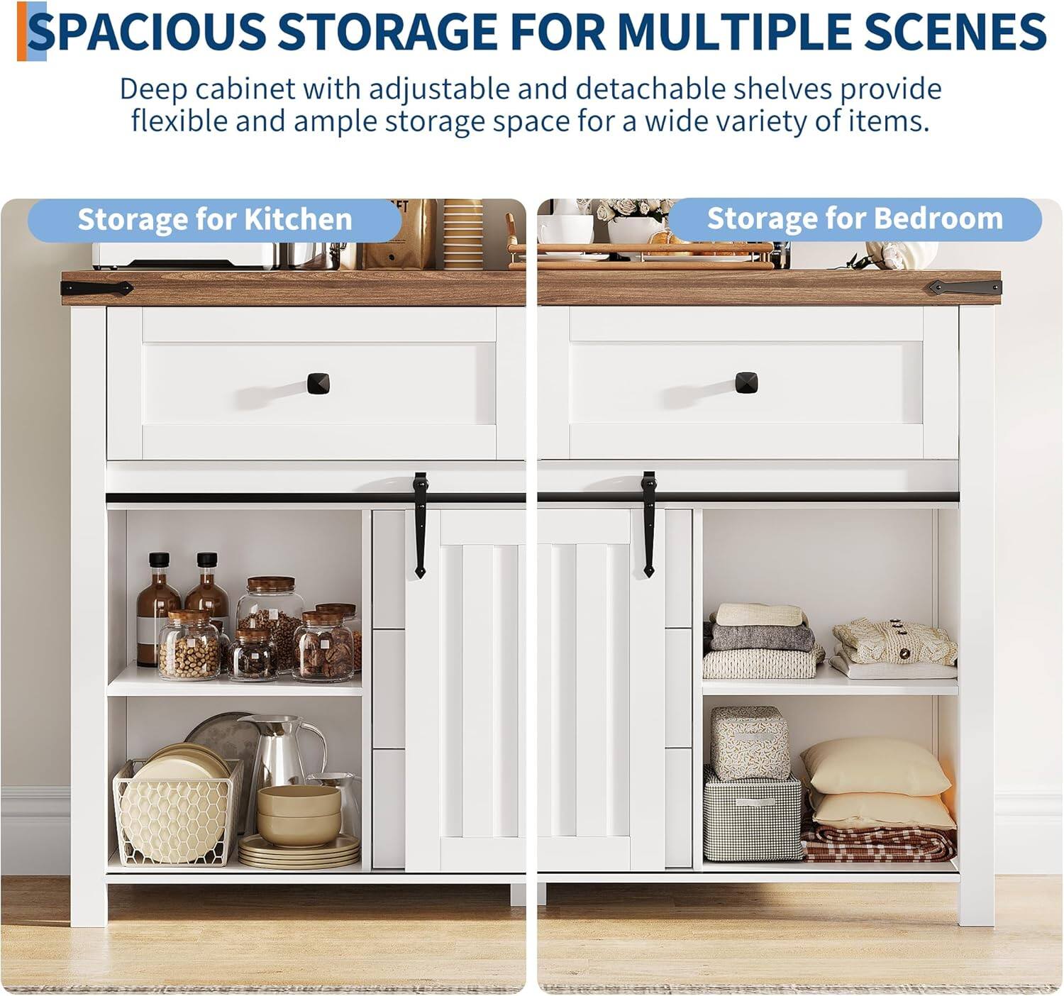 **SPACIOUS STORAGE FOR MULTIPLE SCENES**

Deep cabinet with adjustable and detachable shelves provide flexible and ample storage space for a wide variety of items.

- **Storage for Kitchen**
- **Storage for Bedroom**