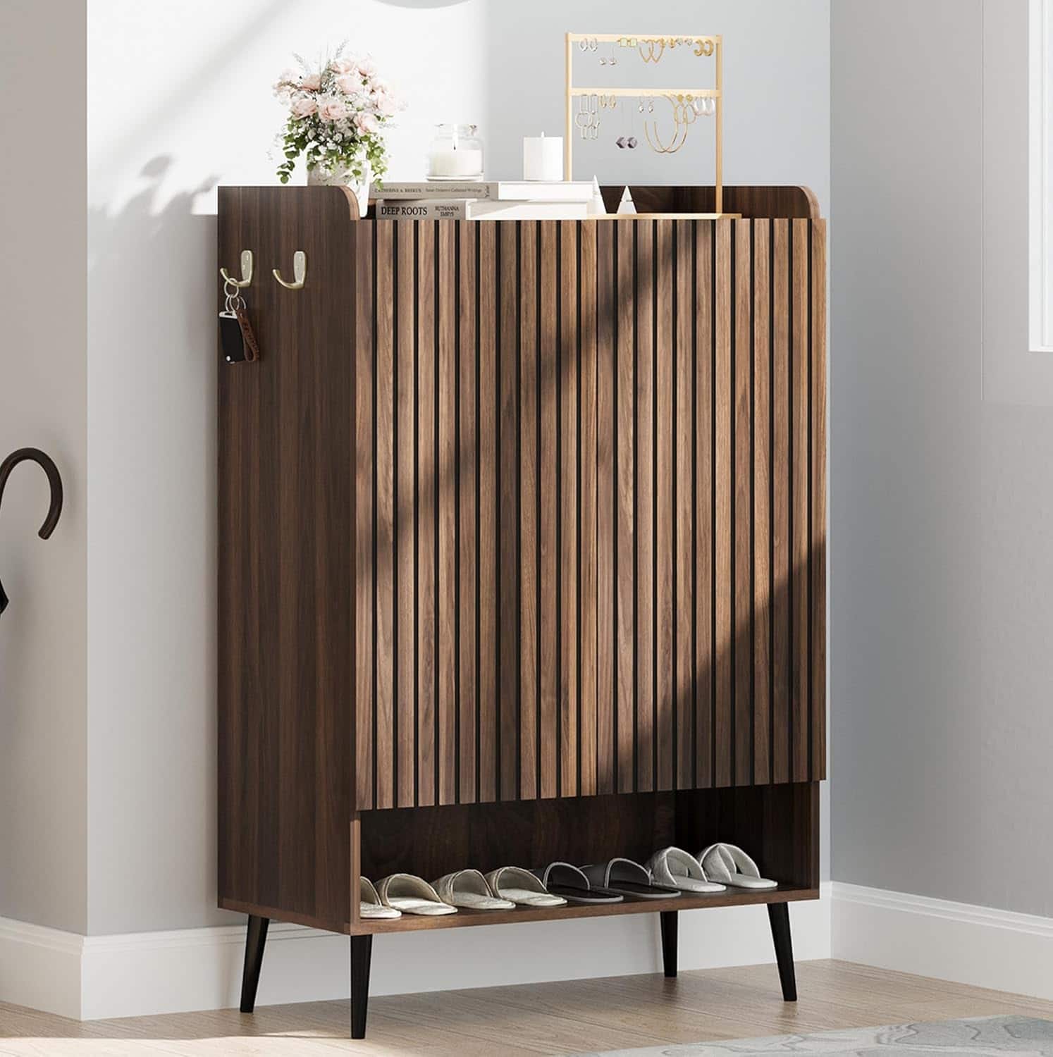 Homhougo - Shoe Cabinet, Large Shoe Cabinet with Doors, Adjustable Shelves, Shoe Organizer with Doors for Hallway, Entryway - ‎Brown