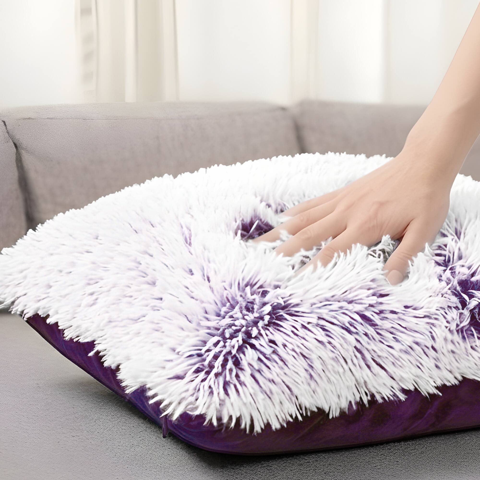 Left. Cheer Collection - Plush Shaggy Long Hair Faux Fur Accent Throw Pillows with Inserts, 18 x 18-Inch, Set of 2 - Purple Ombre - Purple.