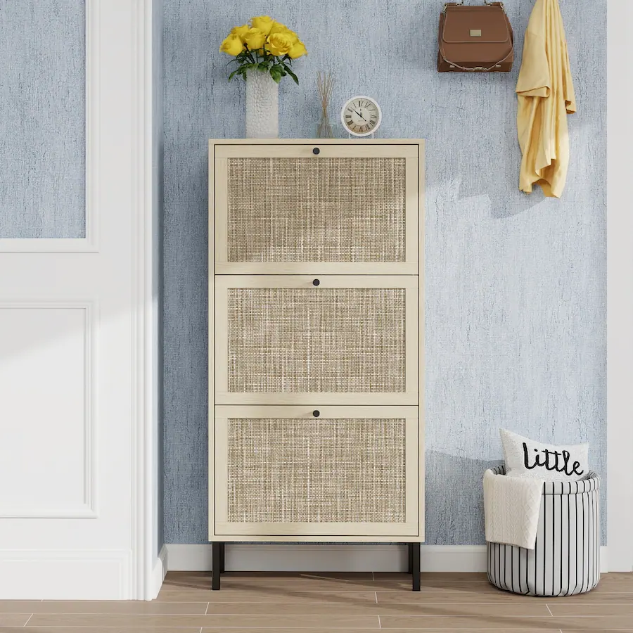 Loheer Rattan 3 Door Shoe Rack, Freestanding Modern Shoe Storage ...
