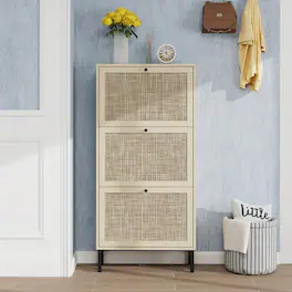 Loheer - Rattan 3 Door Shoe Rack, Freestanding Modern Shoe Storage Cabinet, Finish - Natural
