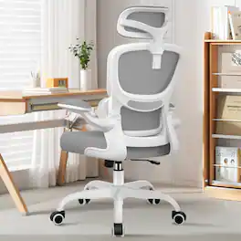 KERDOM - High Back Ergonomic Office Chair, Breathable Mesh Desk Chair with Lumbar Support, Flip-up Arms, Computer Gaming Chair - Light Gray