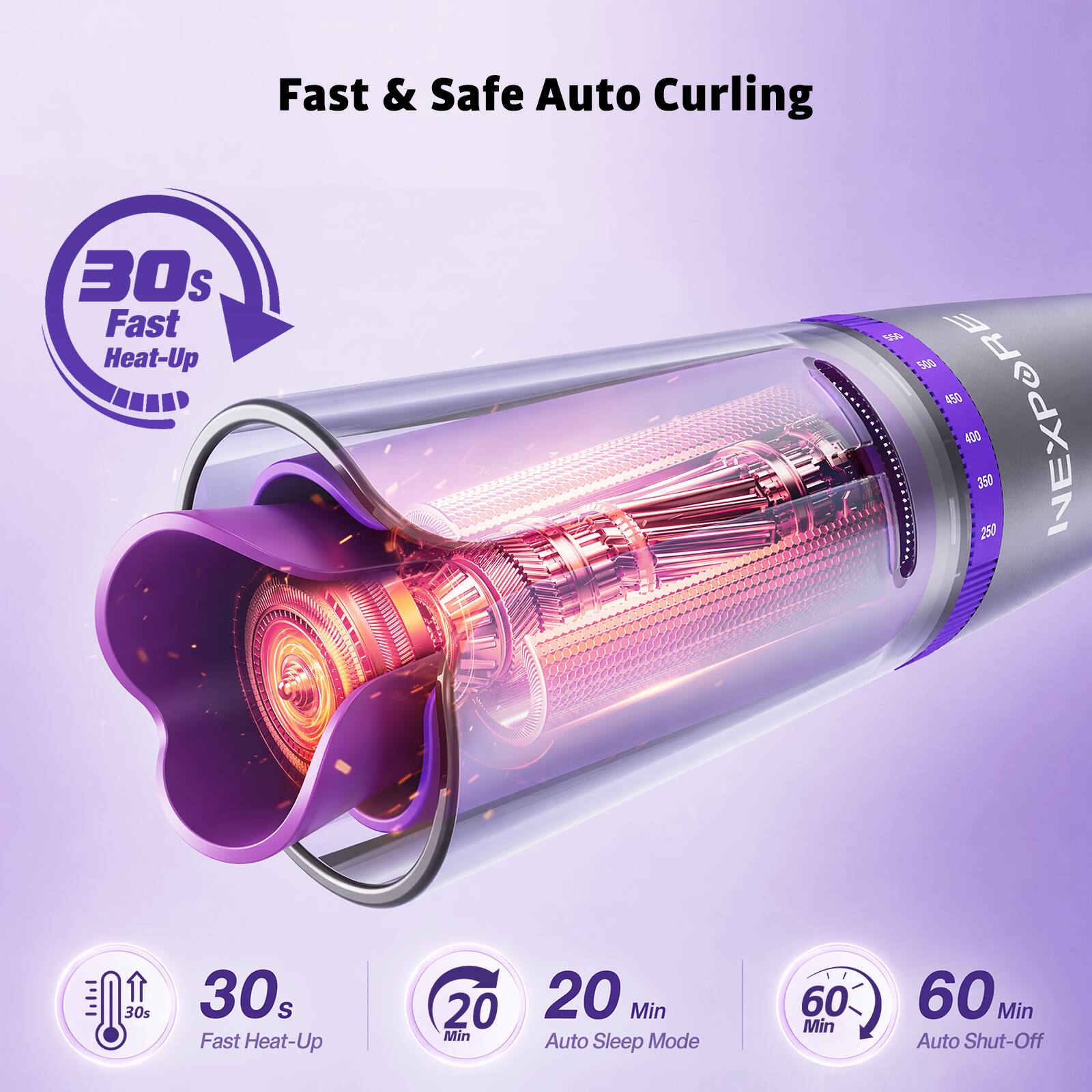 Fast & Safe Auto Curling  
30s Fast Heat-Up  
1 450 NEXPORE  
400 350 250  
30s Fast Heat-Up  
20 Min Auto Sleep Mode  
60 Min Auto Shut-Off