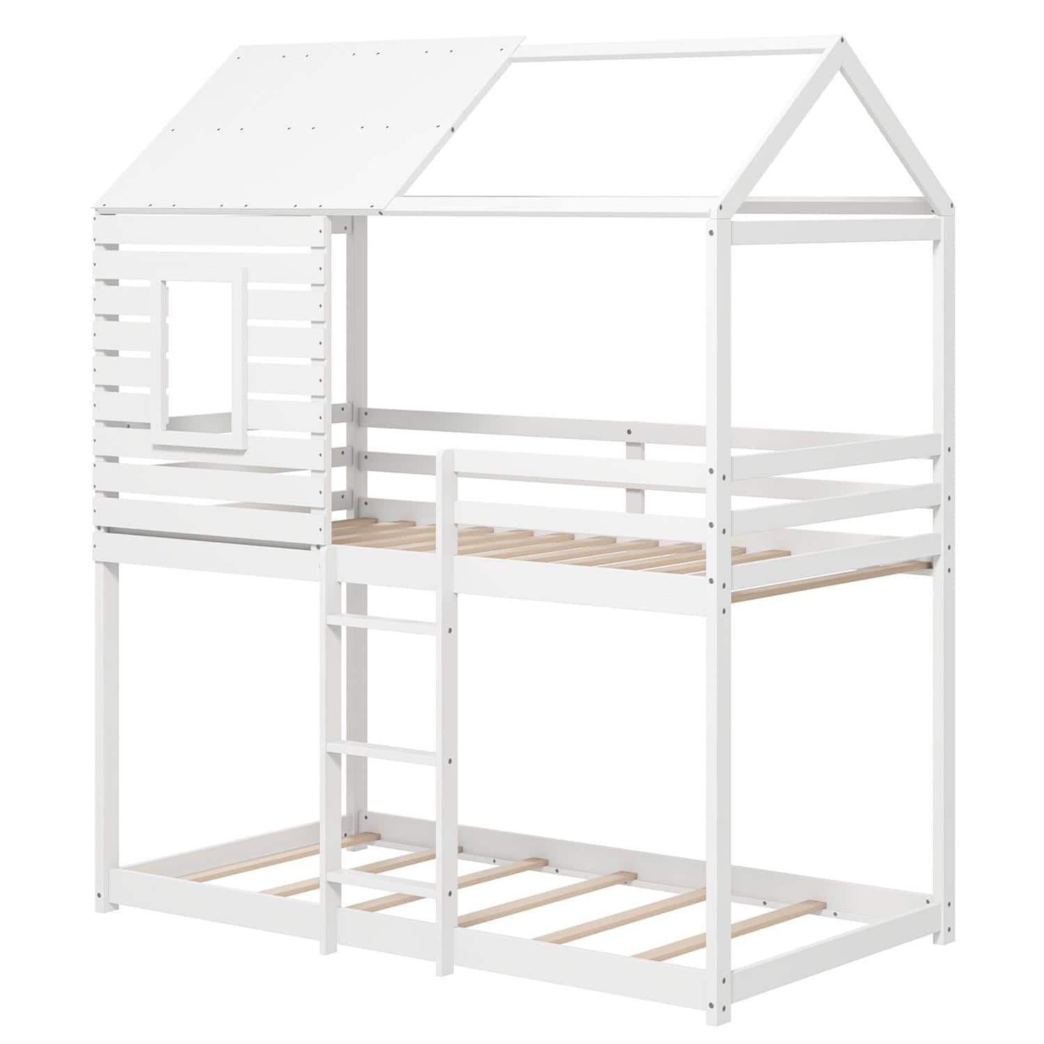 Pefilos - Twin over Twin House Bunk Bed, Pitched Roof & Front Window, 14+7 Plywood Slats, High Guardrails & Integrated Ladder - White