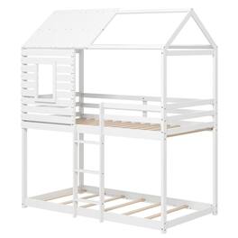 Pefilos - Twin over Twin House Bunk Bed, Pitched Roof & Front Window, 14+7 Plywood Slats, High Guardrails & Integrated Ladder - White