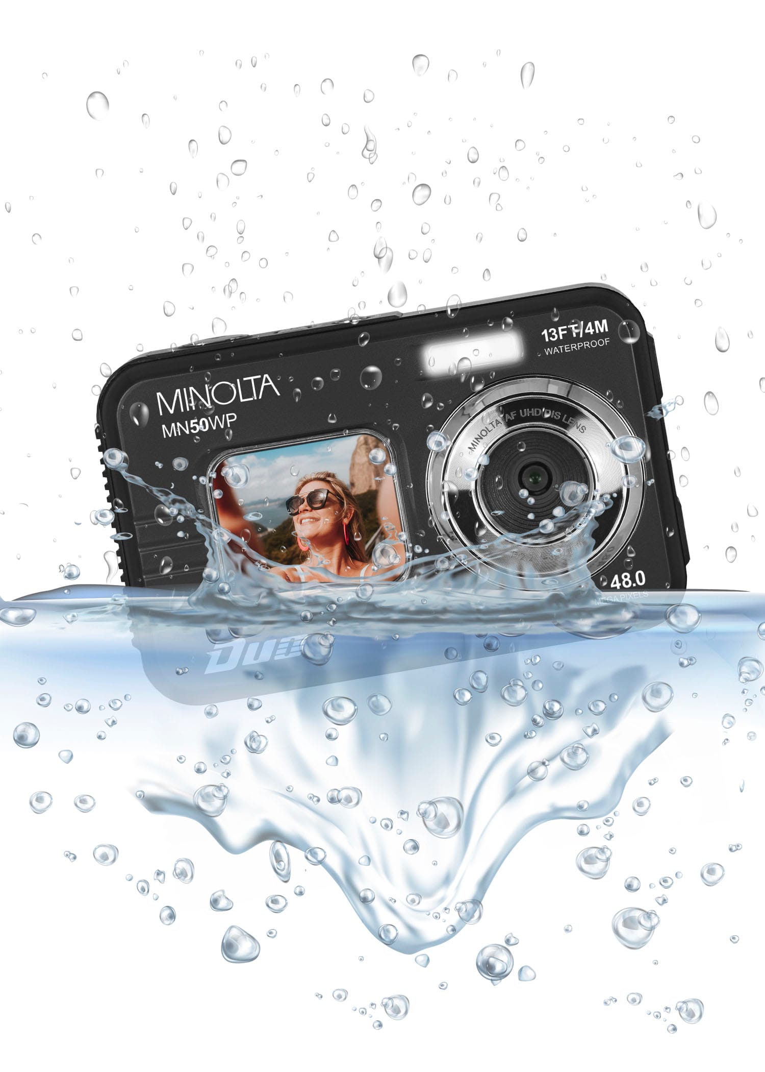 The text on the image reads "Minolta MN50WP 13FT/4M waterproof AF UHD's Dual Lens Minolta DU 48.0 APIE."