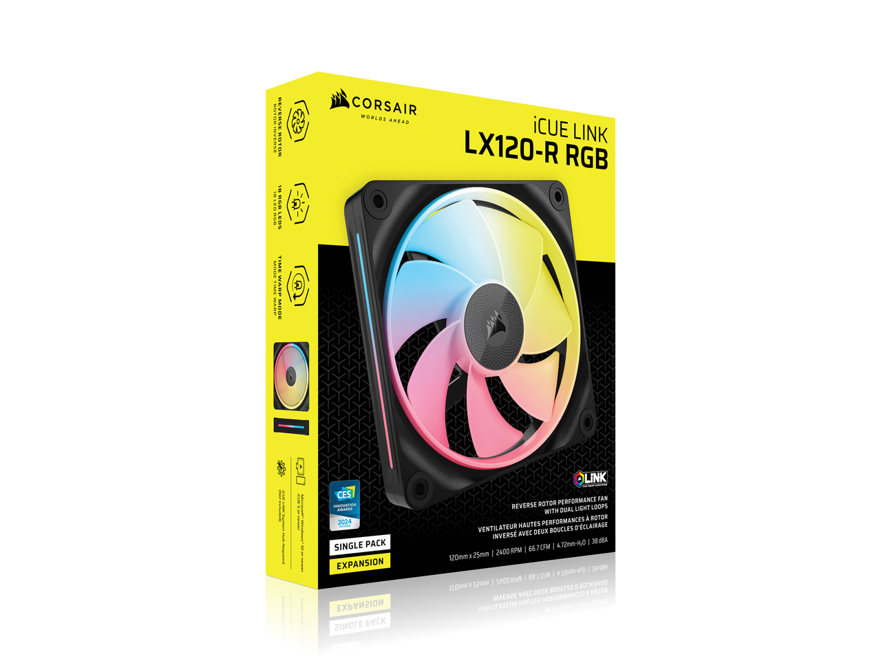 **CORSAIR**  
WORLDS AHEAD

**iCUE LINK**  
LX120-R RGB

**REVERSE ROTOR**  
HIGH PERFORMANCE FAN WITH DUAL LIGHT LOOPS

**SINGLE PACK EXPANSION**

**CES INNOVATION AWARD 2024**

**REVERSE ROTOR WITH DUAL LIGHT LOOPS**  
VENTILATEUR A HAUTES PERFORMANCES AVEC DEUX BOUCLES DE LUMIÈRE INVERSES

**120mm x 25mm**  
**2400 RPM**  
**66.7 CFM**  
**4.72mm H0**  
**38 dBA**

**1500W**  
**5 YEAR WARRANTY**

**LINK FAN**  
PERFORMANCE  
COOLING  
DUAL ROTOR  
AIRFLOW  
130dB

**EXBЦИИЮ**  
SINGLE PACK EXPANSION

**Инновационный вентилятор с обратным ротором и двойными светящимися кольцами**  
**Высокая производительность и тихая работа**  
**