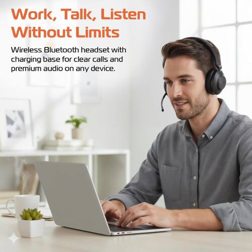 Work, Talk, Listen  
Without Limits  

Wireless Bluetooth headset with charging base for clear calls and premium audio on any device.
