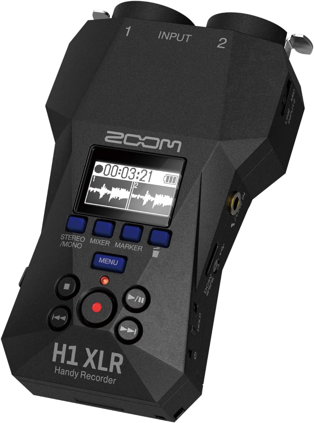 1 INPUT 2 MOOS 1 00:03:21 III 2 STEREO MIXER /MONO MARKER MENU DOSV /II HOLD H1 XLR Handy Recorder IN LINEIN OIN LINE OUT