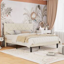 Vecelo - Queen Bed Frame with Upholstered Headboard, Heavy Duty Wooden Bed Slats - Noiseless Platform Bed, No Box Spring Required - Beige
