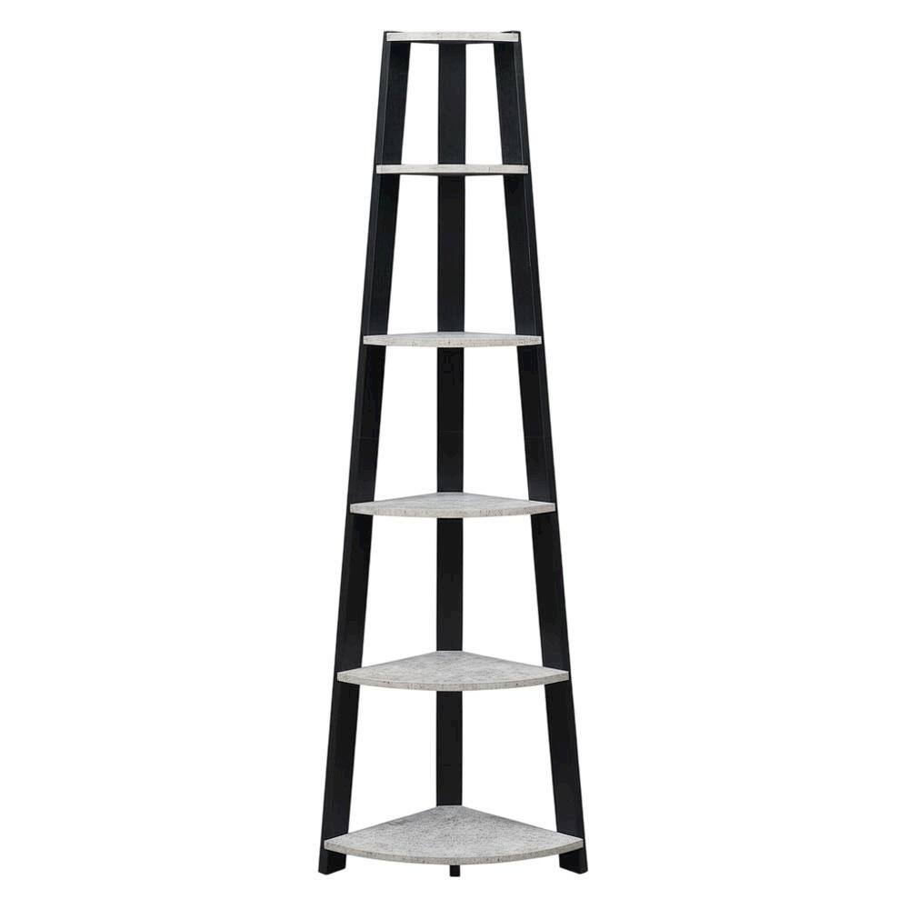 Angle. FurniFact - Black 5-Tier Corner Bookshelf with Faux Cement Finish and Modern Style - Faux Cement.