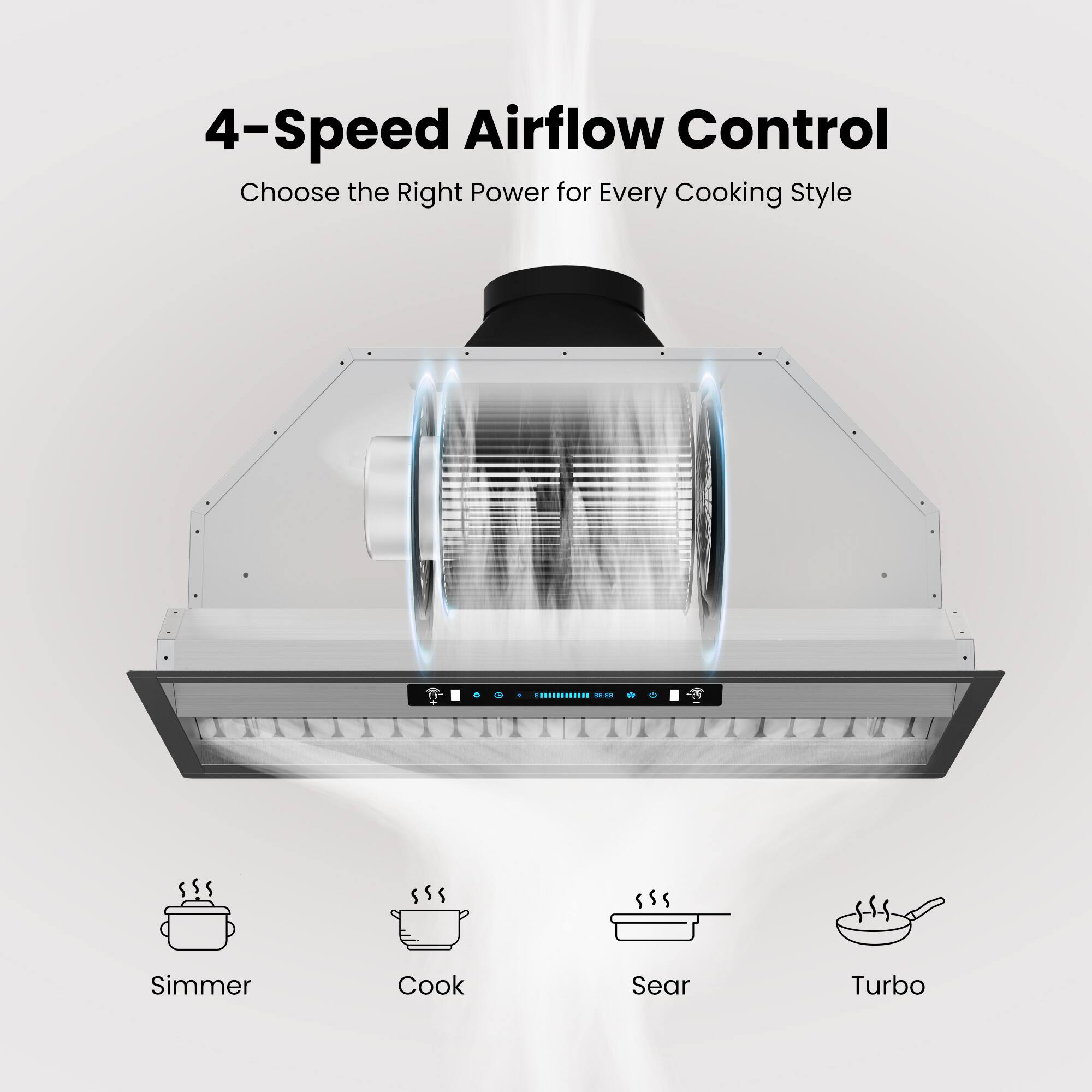 4-Speed Airflow Control  
Choose the Right Power for Every Cooking Style  

Simmer  
Cook  
Sear  
Turbo