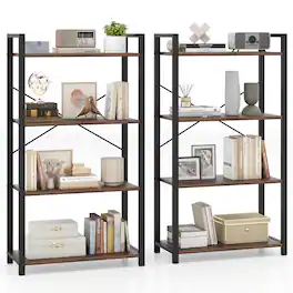 Gymax - 2PCS 47'' Floor Bookcase w/ Shelves Heavy Duty Metal Frame & Anti-Toppling Kits - Rustic Brown, Black