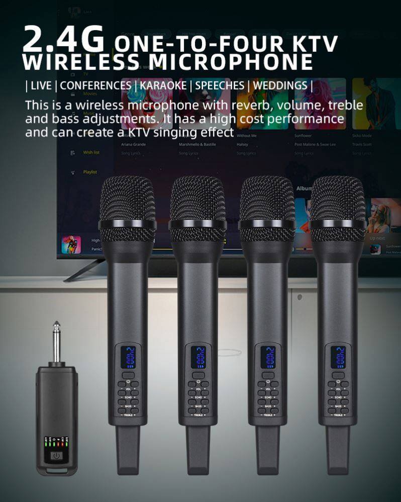 2.4G ONE-TO-FOUR KTV WIRELESS MICROPHONE

LIVE | CONFERENCES | KARAOKE | SPEECHES | WEDDINGS

This is a wireless microphone with reverb, volume, treble, and bass adjustments. It has a high cost performance and can create a KTV singing effect.

Without Me - Ariana Grande, Marshmello & Bastille  
Halsey  
Wish List - Song Playlist  
Album Up next