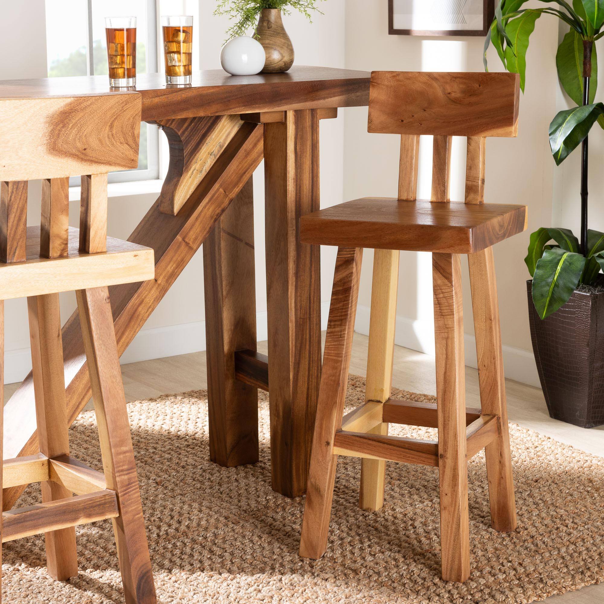 Alt View 4. bali & pari - Luli Suar Wood Bar Stool - Handcrafted Solid Wood Stool with Backrest, Rustic Modern Seating for Kitchen or Bar Area - Natural Brown.