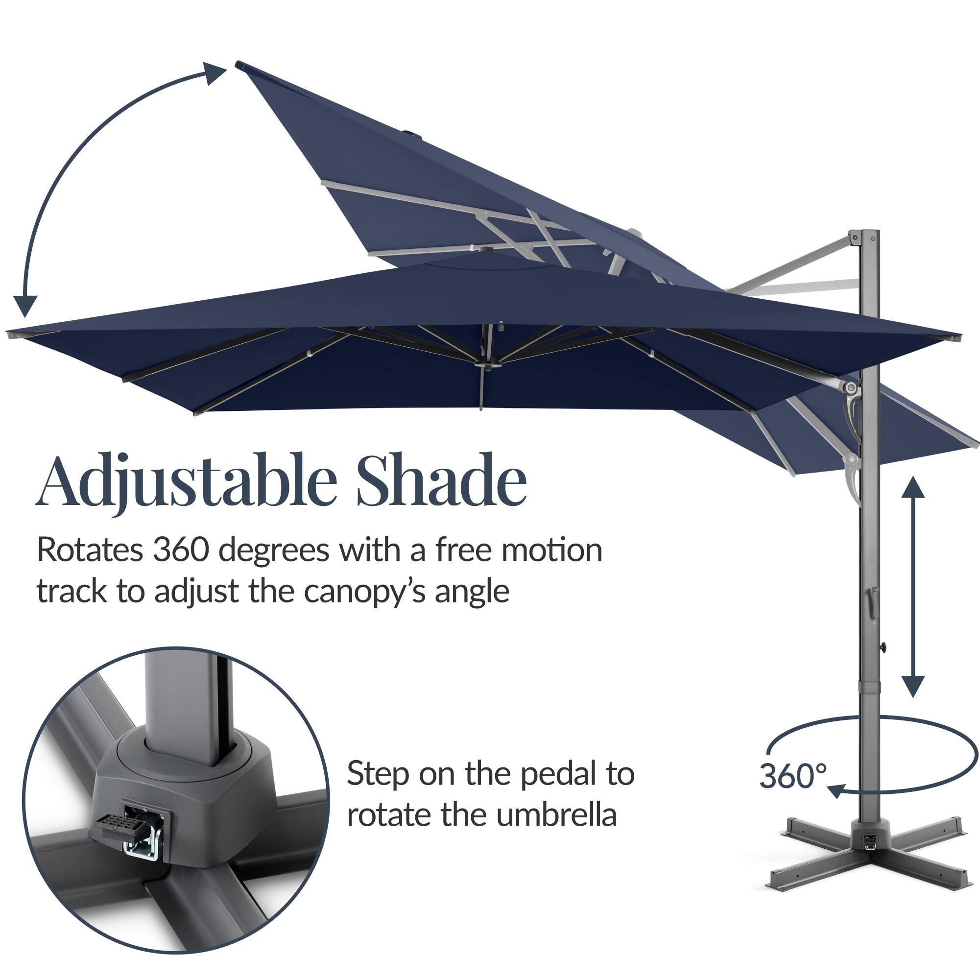 Adjustable Shade Rotates 360 degrees with a free motion track to adjust the canopy's angle

Step on the pedal to rotate the umbrella