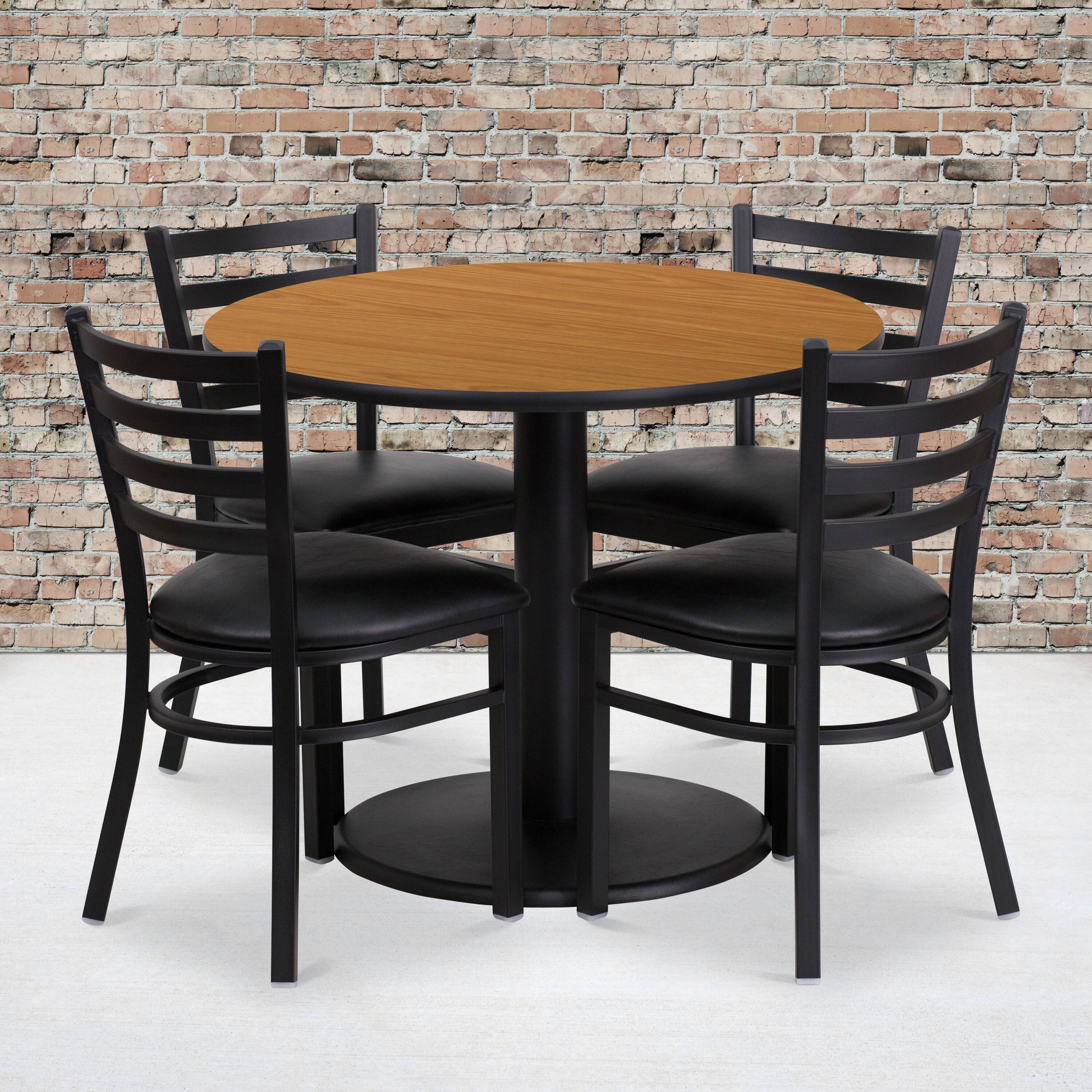 Alt View 1. Emma + Oliver - 36" Round Laminate Table Set with 4 Ladder Back Metal Chairs - Natural Top/Black Vinyl Seat.