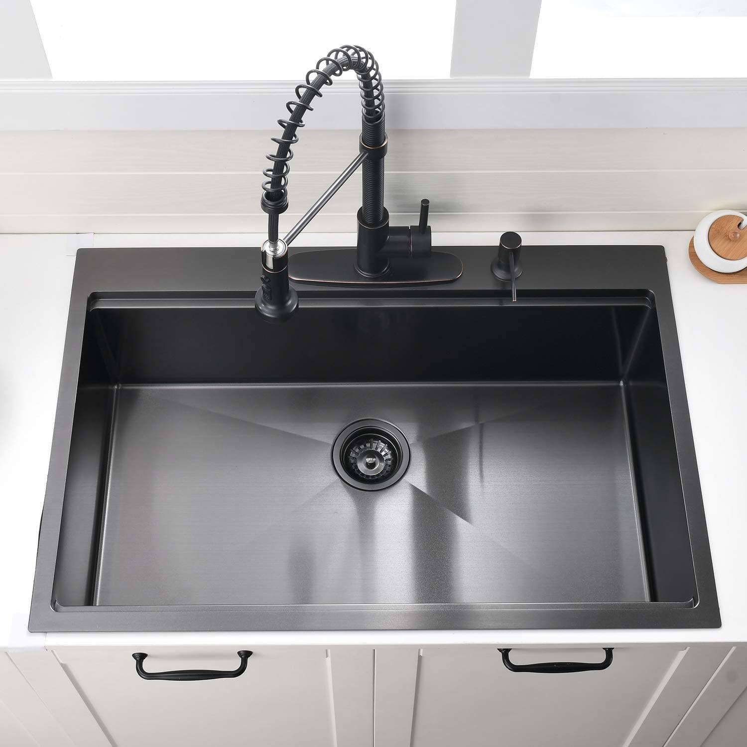 Back. APRILSOUL - 36 Inch Gunmetal Black Drop In Workstation Kitchen Sink 36x22 16 Gauge Topmount Single Bowl Stainless Steel - Black.