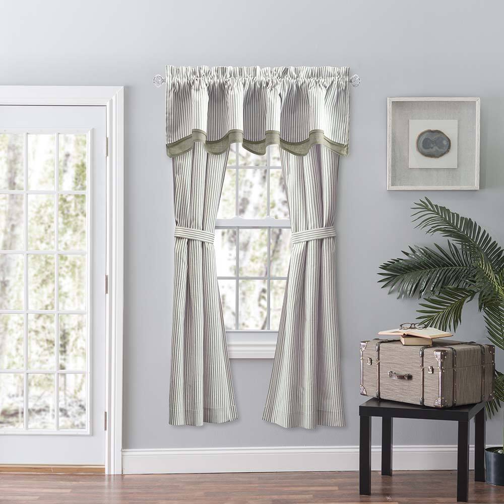 Left. Ellis Curtain - Ellis Curtain Plaza Classic Ticking Stripe Printed 3" Rod Pocket Tailored Panel Pair with Tiebacks 56" x 84" Sage - Sage.