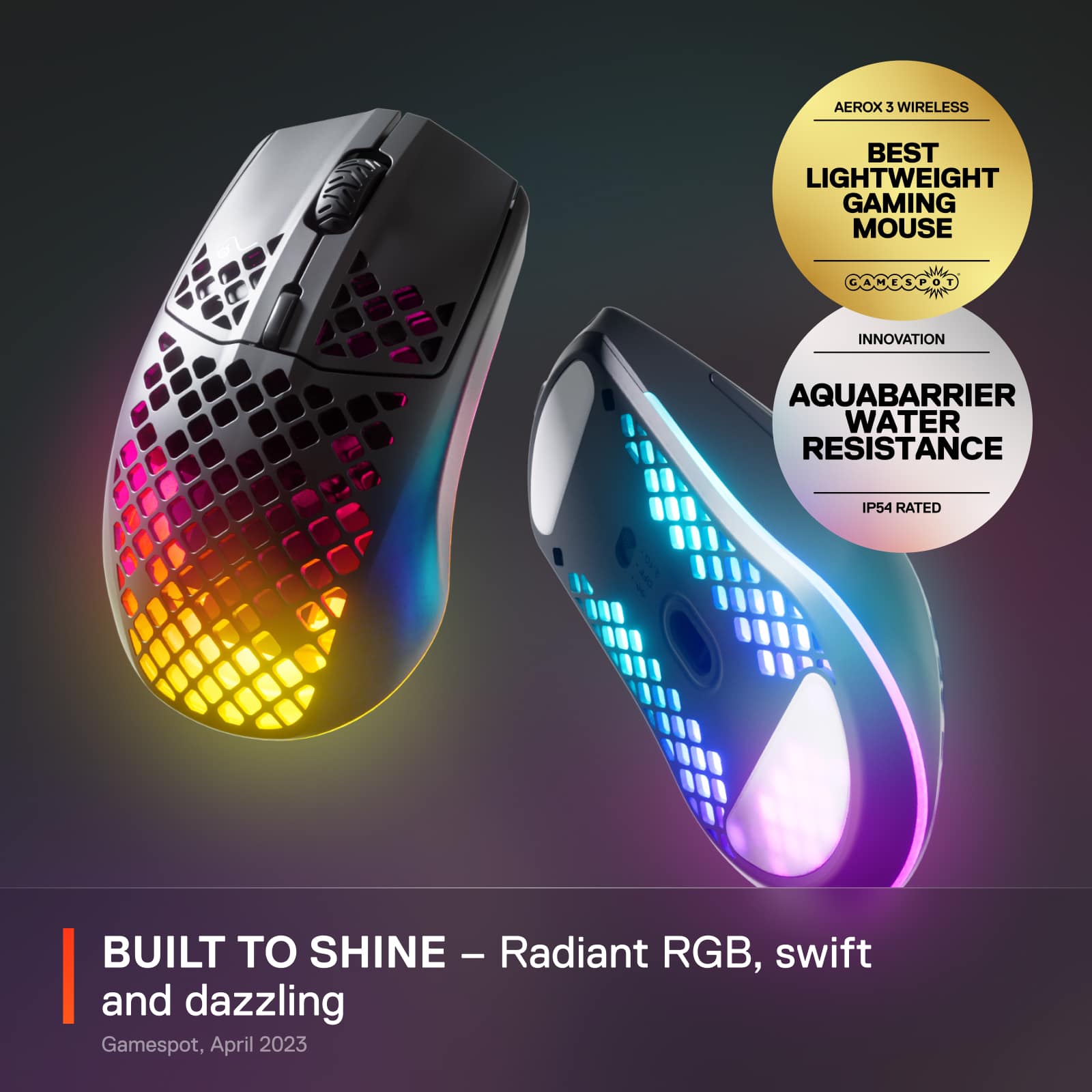 Built to Shine - Radiant RGB, swift and dazzling - Aerox 3 Wireless Best Lightweight Gaming Mouse - Innovation - Aquabarrier Water Resistance IP54 Rated - Gamespot, April 2023