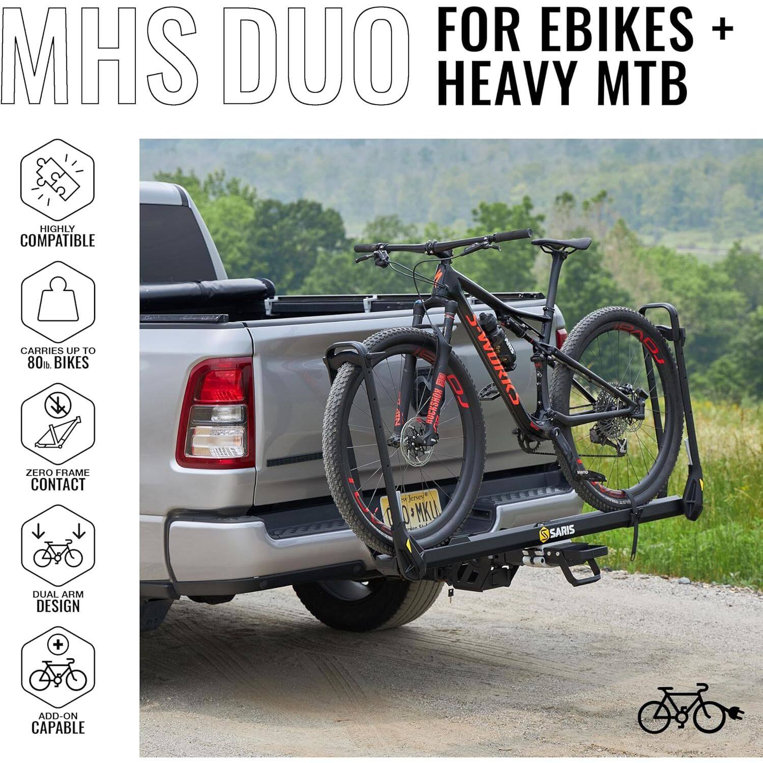 MHS DUO FOR EBIKES + HEAVY MTB

- HIGHLY COMPATIBLE
- CARRIES UP TO 80m BIKES
- ZERO FRAME CONTACT
- DUAL ARM DESIGN
- ADD-ON CAPABLE