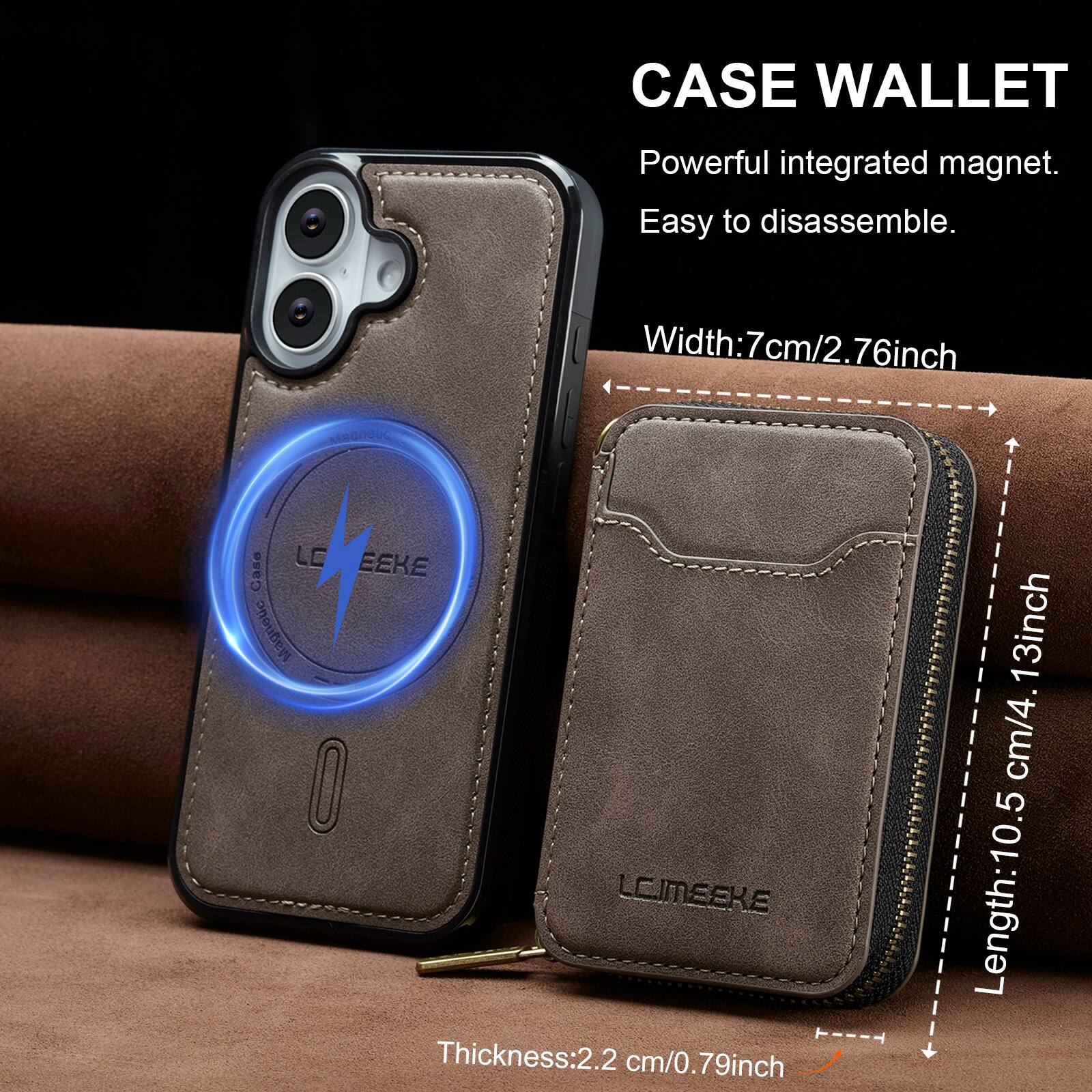 CASE WALLET  
Powerful integrated magnet.  
Easy to disassemble.  

Width: 7cm/2.76inch  
Length: 10.5cm/4.13inch  
Thickness: 2.2cm/0.79inch
