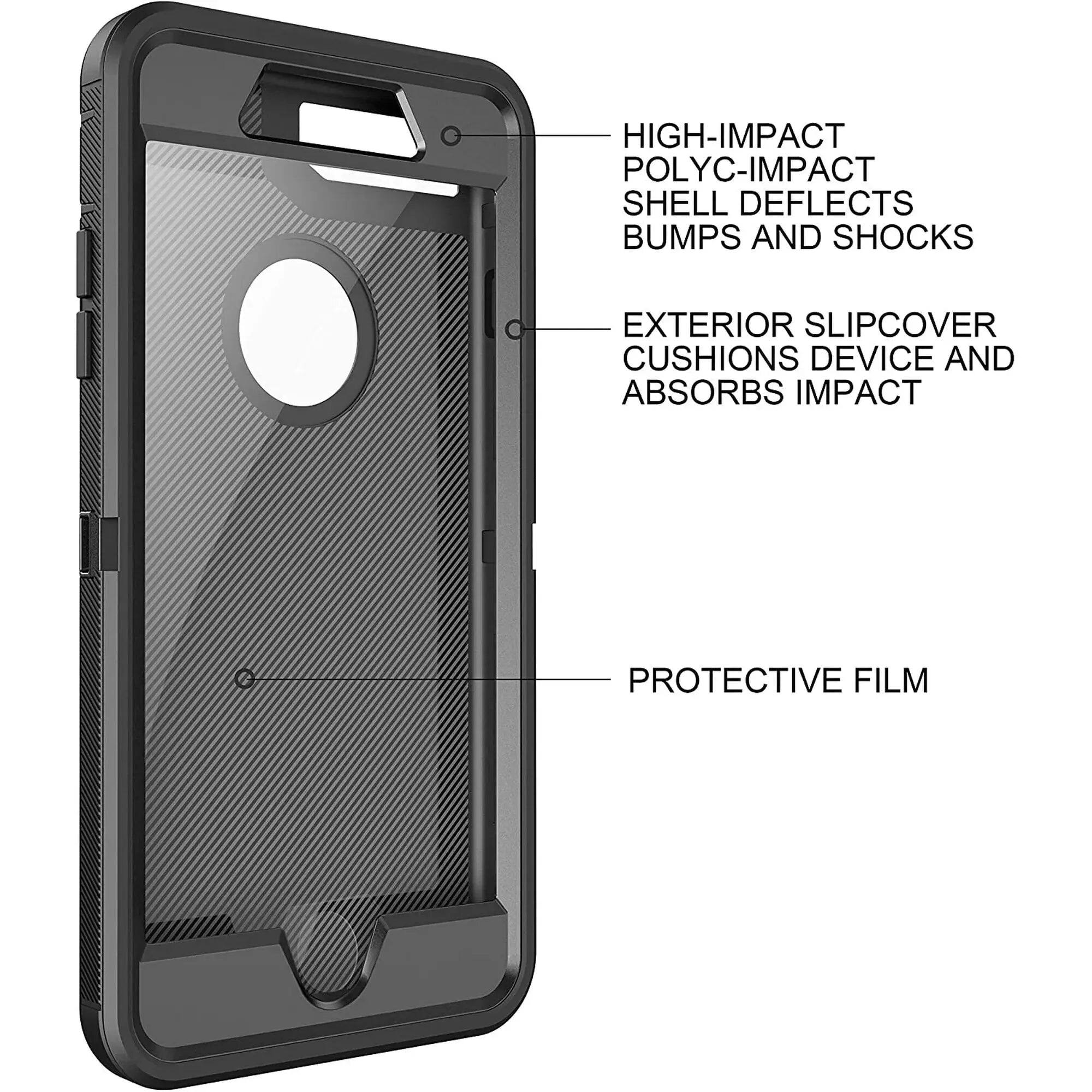 HIGH-IMPACT POLY-C-IMPACT SHELL DEFLECTS BUMPS AND SHOCKS  
EXTERIOR SLIPCOVER CUSHIONS DEVICE AND ABSORBS IMPACT  
PROTECTIVE FILM